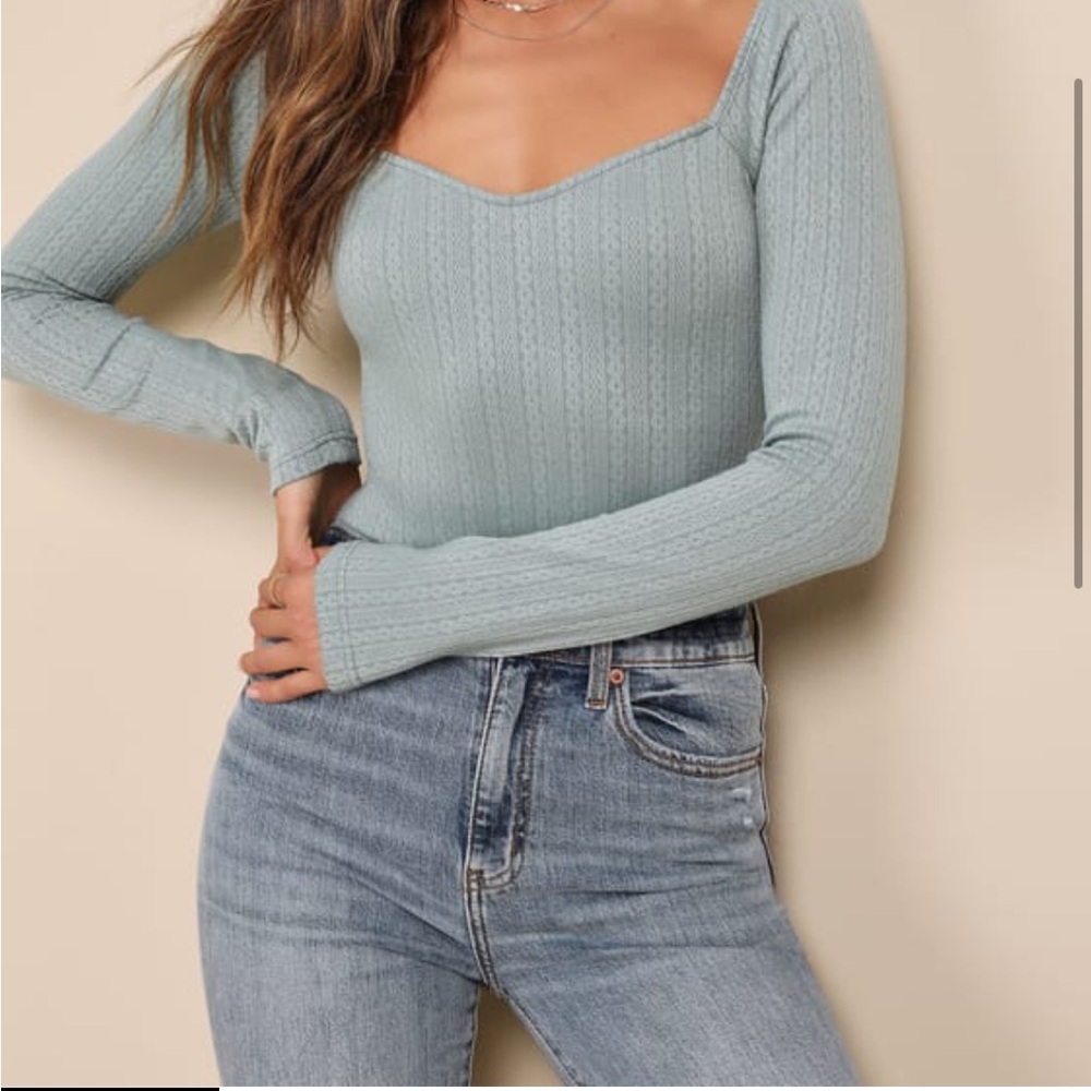 Lulus Too-cute Attitude Sage Green Pointelle Knit Long Sleeve Bodysuit - Picture 2 of 12